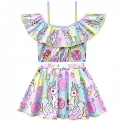 Size is 2T-3T(100cm) Unicorn Print 2 pieces purple Swimsuits For Girls Ruffle Off Shoulder Bowknot Front Swimwear