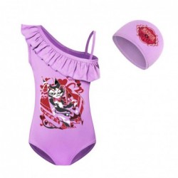 Size is 2T-3T(100cm) Hazbin Hotel swimsuit for girls 1 Piece Ruffle One Shoulder Swimsuit with cap