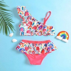 Size is 18M-24M(80cm) Rainbow cartoon two pieces Ruffle One Shoulder Toddler girls' bikini 2 years old