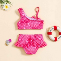 Size is 18M-24M(80cm) Toddler girls' rose red Mermaid two pieces Ruffle One Shoulder bikini 3 years old