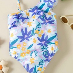 Size is 18M-24M(80cm) Purple flowers printed one piece Ruffle One Shoulder swimsuit for Toddler girls