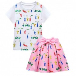 Size is 2T-3T(100cm) Girls' Pikmin pink Top And Short Skirt Set Summer Outfits With Bag