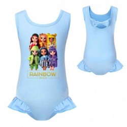 Size is 2T-3T(100cm) rainbow high print swimsuits for big girls one piece ruffled hem Swimsuit with cap