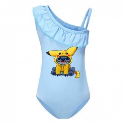 Size is 2T-3T(100cm) Girls'swimsuits Pikachu stitch Ruffle One Shoulder Swimsuit with cap