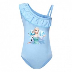 Size is 2T-3T(100cm) Girls' Elsa swimsuits blue Ruffle One Shoulder Swimsuit with cap