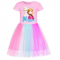 Size is 2T-3T(110cm) Elsa and Anna summer purple Short Sleeve dress For girls Rainbow lace