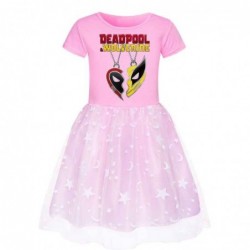 Size is 2T-3T(110cm) For girls Deadpool Wolverine tulle mesh summer dress Round Collar