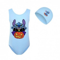 Size is 2T-3T(100cm) Girls' stitch Pumpkin Halloween swimsuits one piece High Waisted Swimsuit with cap