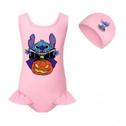 Size is 2T-3T(100cm) stitch Pumpkin Halloween swimsuits for big girls one piece ruffled hem with cap