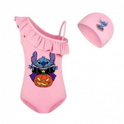 Size is 2T-3T(100cm) Girls'swimsuits stitch Pumpkin Halloween Ruffle One Shoulder Swimsuit with cap