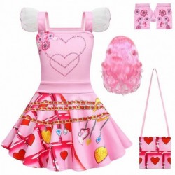 Size is 2T-3T(100cm) Girls' Descendants 4 pink dress Costumes Flutter Sleeve Square Neck with wig