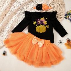 Size is 62(1-3M) 1st halloween baby costumes pumpkin romper bow orange 3 sets