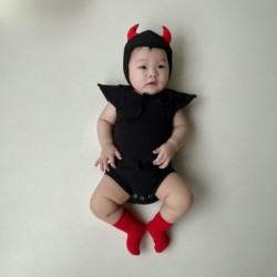 Size is 66(3-6M) toddler scary halloween costumes little devil shape romper hat 2 set