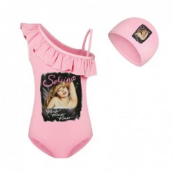 Size is 2T-3T(100cm) Girls'swimsuits Sabrina Carpenter Ruffle One Shoulder Swimsuit with cap