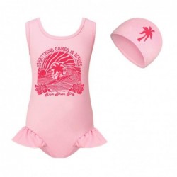 Size is 2T-3T(100cm) PALM puff swimsuits for big girls one piece ruffled hem with cap