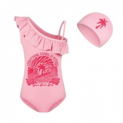 Size is 2T-3T(100cm) Girls'swimsuits PALM puff Ruffle One Shoulder Swimsuit with cap