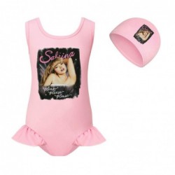 Size is 2T-3T(100cm) Sabrina Carpenter swimsuits for big girls one piece ruffled hem with cap