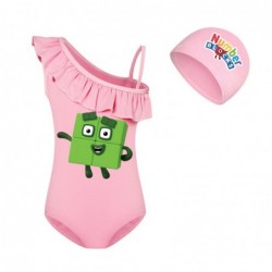 Size is 2t-3t(100cm) Girls'swimsuits Number blocks Ruffle One Shoulder Swimsuit with cap