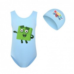 Size is 2t-3t(100cm) Girls' Number blocks swimsuits one piece High Waisted Swimsuit with cap