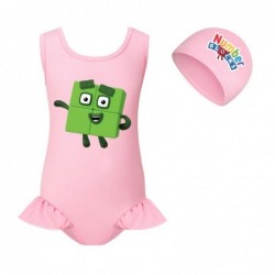 Size is 2t-3t(100cm) Olivia Number blocks swimsuits for big girls one piece ruffled hem with cap