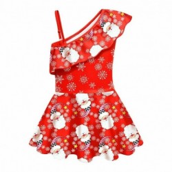 Size is 2t-3t(100cm) girls Christmas Santa snowflake red Swimsuit 1 Piece Ruffle One Shoulder