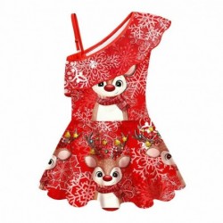 Size is 2t-3t(100cm) cute Christmas elk print Swimsuit girls 1 Piece Ruffle One Shoulder