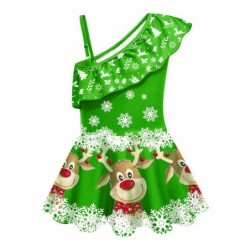 Size is 2t-3t(100cm) girls Christmas green Swimsuit 1 Piece Ruffle One Shoulder with cap