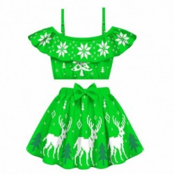 Size is 2t-3t(100cm) Christmas elk print Swimsuit girls 2 Piece Ruffle Off Shoulder with cap