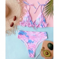 Size is S Sexy Tie Dye Frill Trim Triangle Ruffle High Waist Two Piece Swimsuits