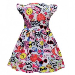 Size is 2T-3T Little Girls Emoji Print Short Ruffle Sleeve Dress White